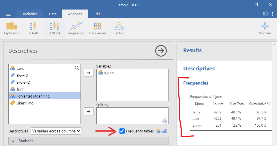 Et skjermbilde av jamovi som viser frekvenstabell til _Kjønn_.