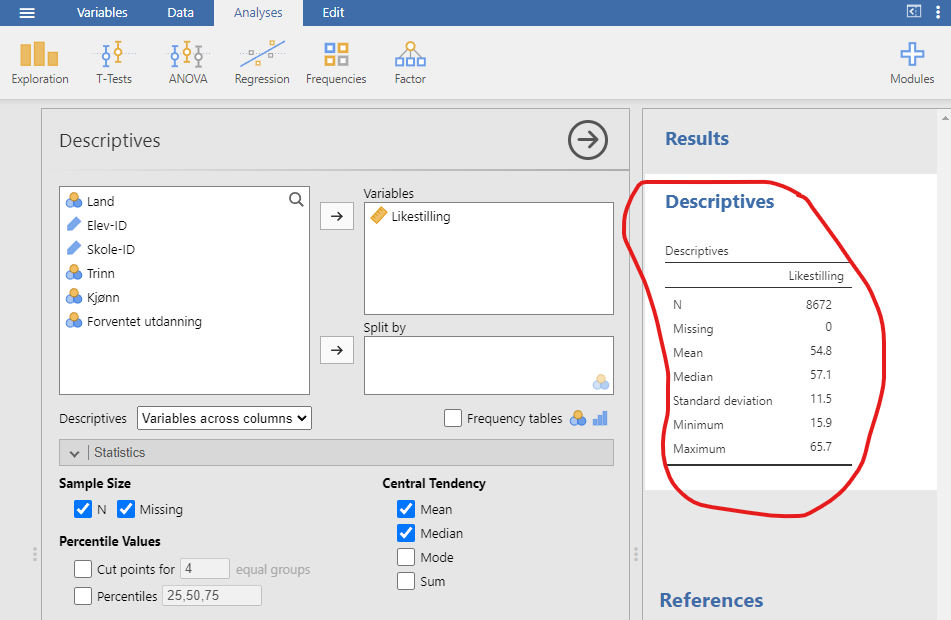 Et skjermbilde fra jamovi som viser resultater fra deskriptiv analyse. Til venstre kan man velge variable og dele opp dataene. Til høyre vises deskriptiv statistikk for "Likestilling" med verdier for N, Missing, Mean, Median, Standard deviation, Minimum og Maximum.