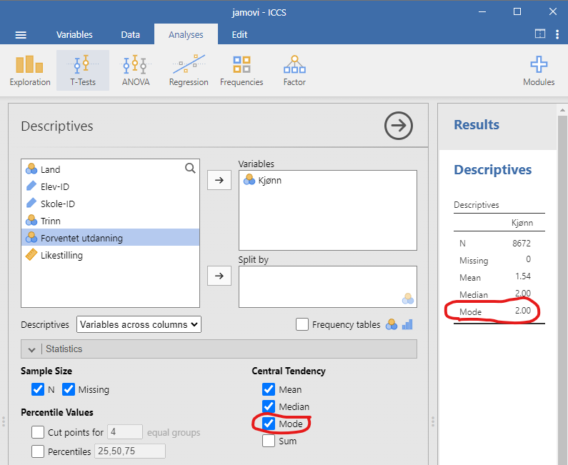 Et jamovi-skjermbilde for analyse av variabelen Kjønn. Et panel til venstre inkluderer alternativer for å velge variabler og hvilke sentraltendenser man ønsker å regne ut. Det høyre panelet viser resultatene